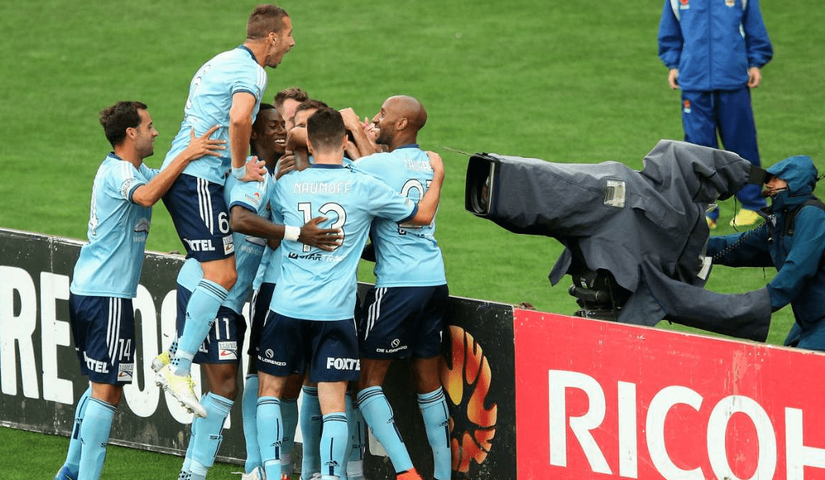Sydney FC players celebrate win over Wellington.