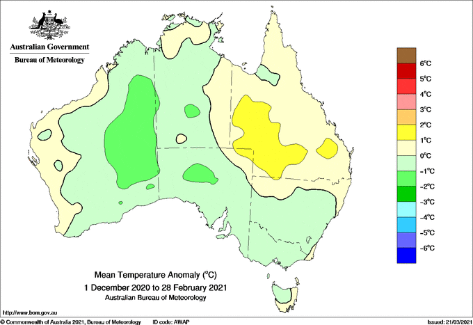 Mean summer temperatures were cooler than average across most of Australia. (Supplied: Bureau of Meteorology).