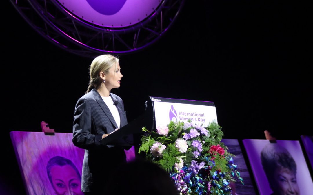 Grace Tame on stage speaking at the Illawarra International Women's Day Luncheon. Source: Shayla Carl