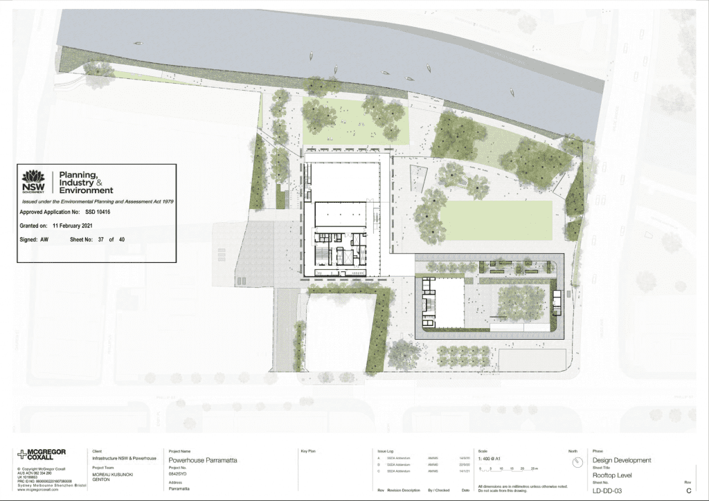 Architectural plans for the rooftop level of the Powerhouse Parramatta development.